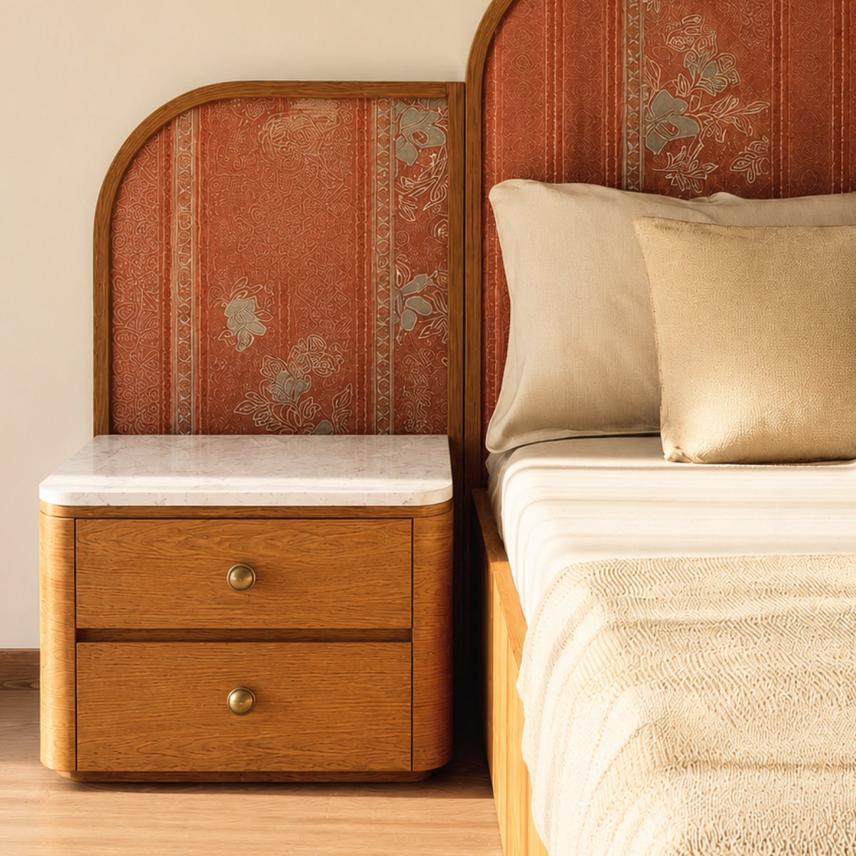 Heritage Crest luxury nightstand with oak finish and white marble top in bedroom