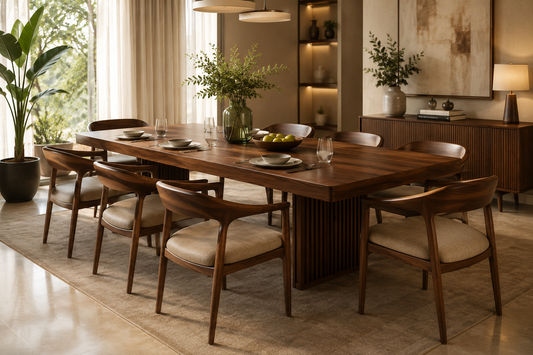 Wooden dining table with upholstered chairs in a modern dining room, showing proper dining table size, spacing, and luxury handcrafted furniture design.