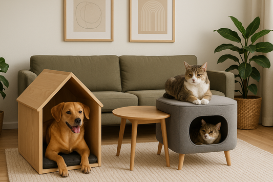 Modern pet furniture featuring a wooden dog house and a stylish cat ottoman with cozy spaces