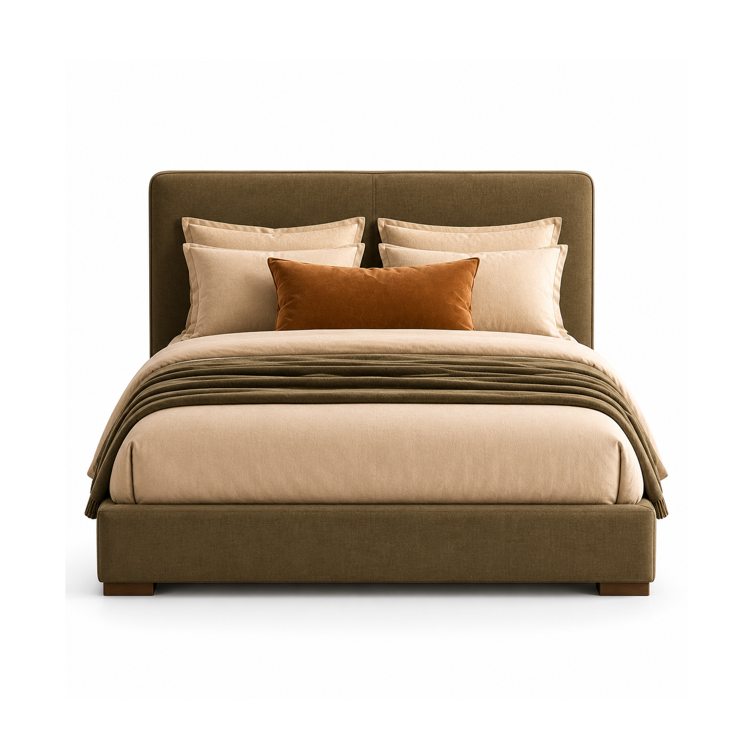 Terra Bed with olive moss upholstered frame, rounded headboard, walnut wood base, and neutral layered bedding