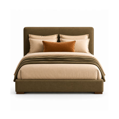 Terra Bed with olive moss upholstered frame, rounded headboard, walnut wood base, and neutral layered bedding