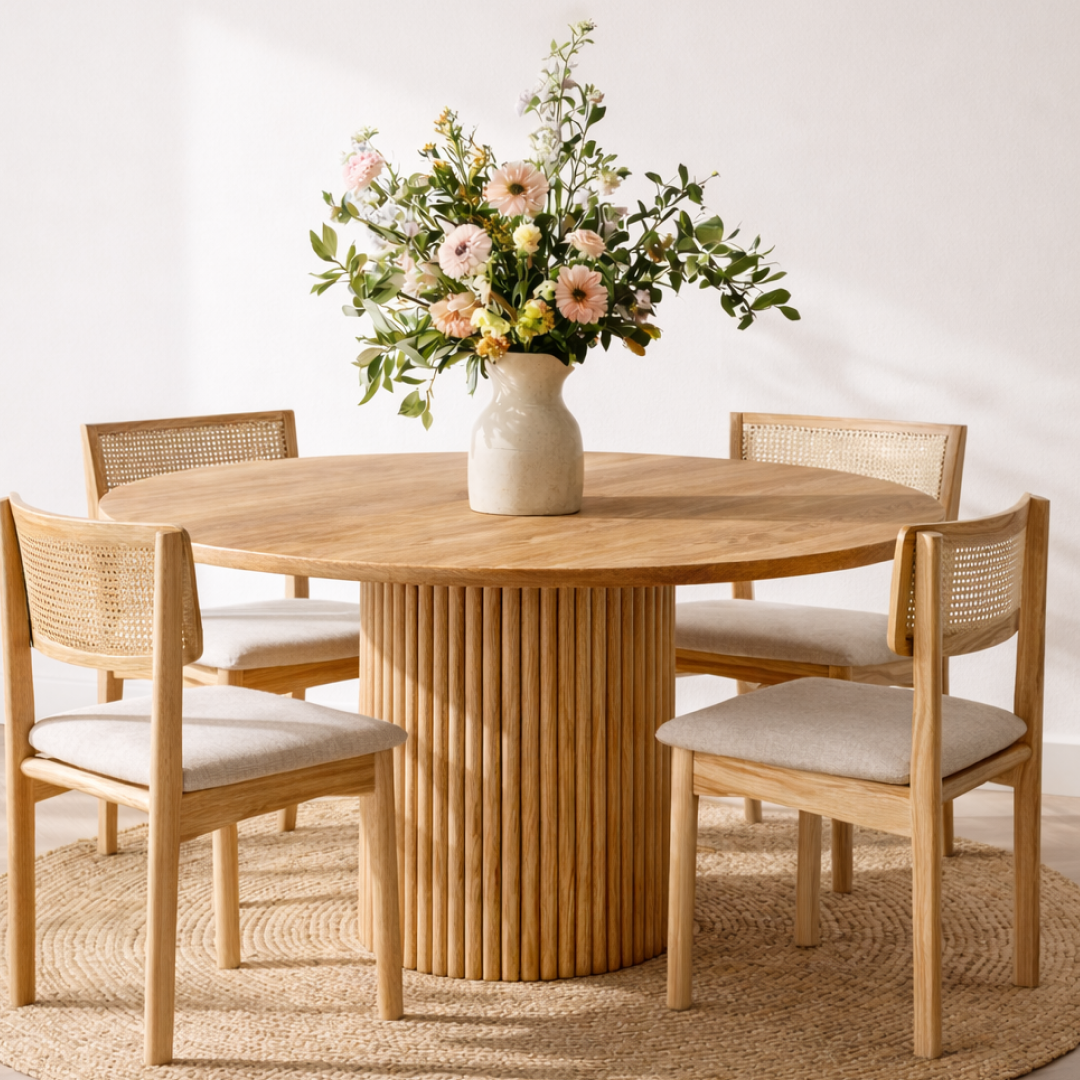 Liora Round Dining Table | Solid Oak Fluted Pedestal