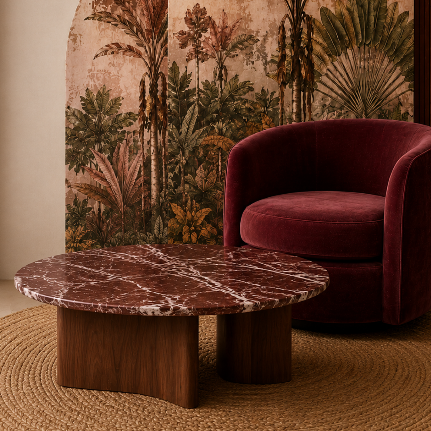 Contemporary coffee table featuring polished burgundy marble