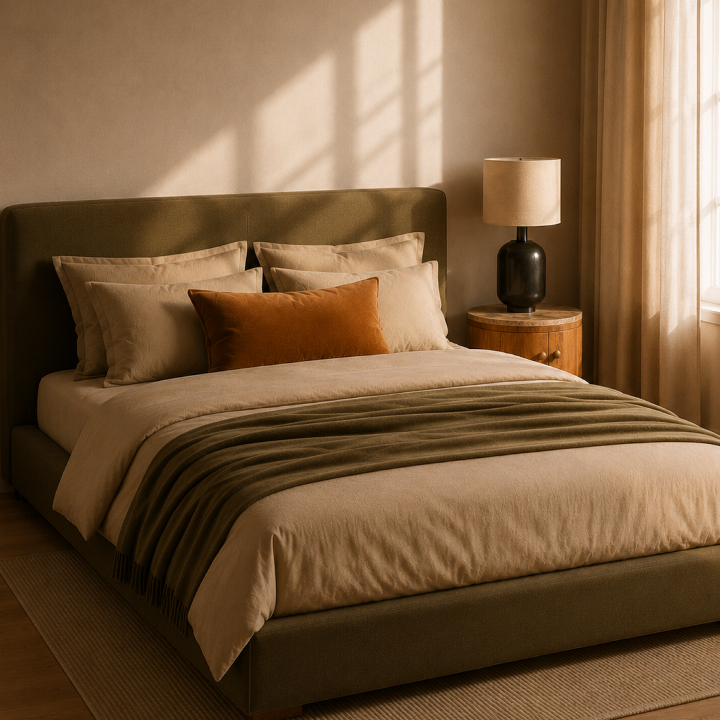 Terra Bed with olive moss upholstery and walnut wood base