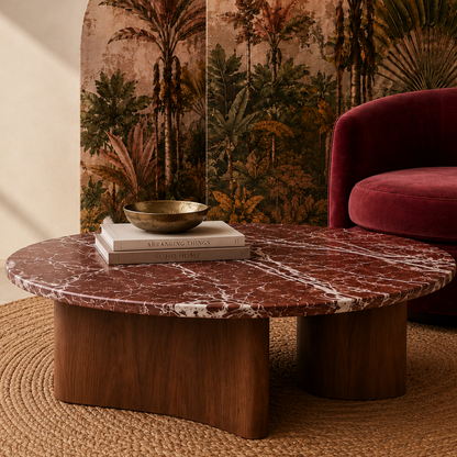 Designer marble coffee table handcrafted with solid walnut wood