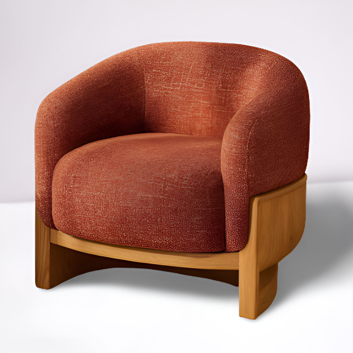 Adena Lounge Chair angled view showing rounded barrel silhouette and oak frame