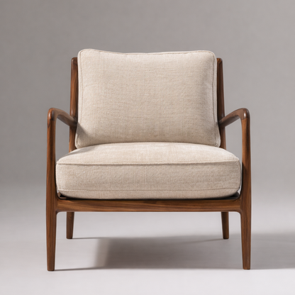 Calder Lounge Chair side view showing sculpted armrest and tapered wood legs