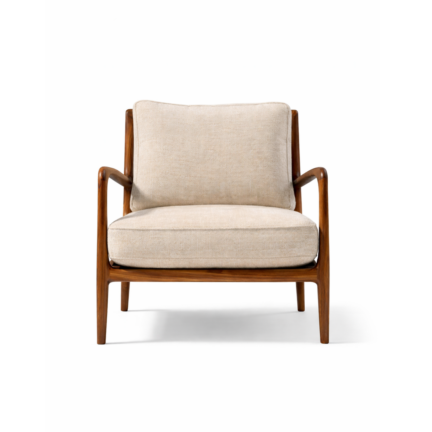 Calder Lounge Chair with solid walnut wood frame and textured linen upholstered seat