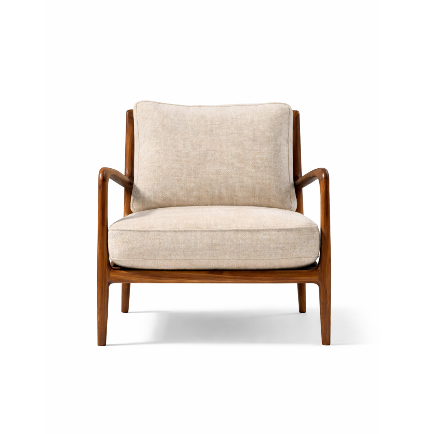 Calder Lounge Chair with solid walnut wood frame and textured linen upholstered seat
