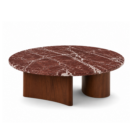 Cordovan Coffee Table with premium burgundy marble top and sculptural walnut wood base