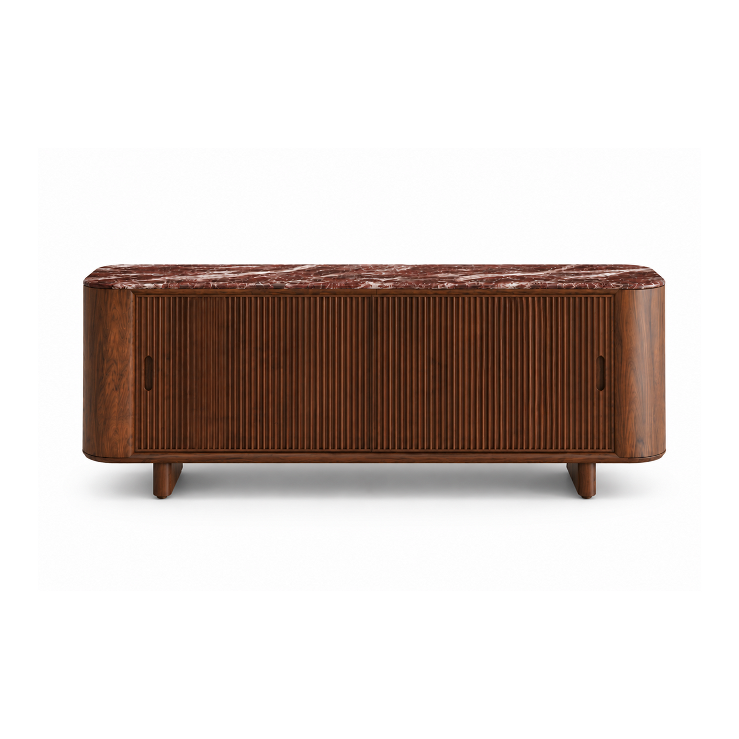 Crimson Sideboard with burgundy marble top and solid walnut wood fluted sliding doors