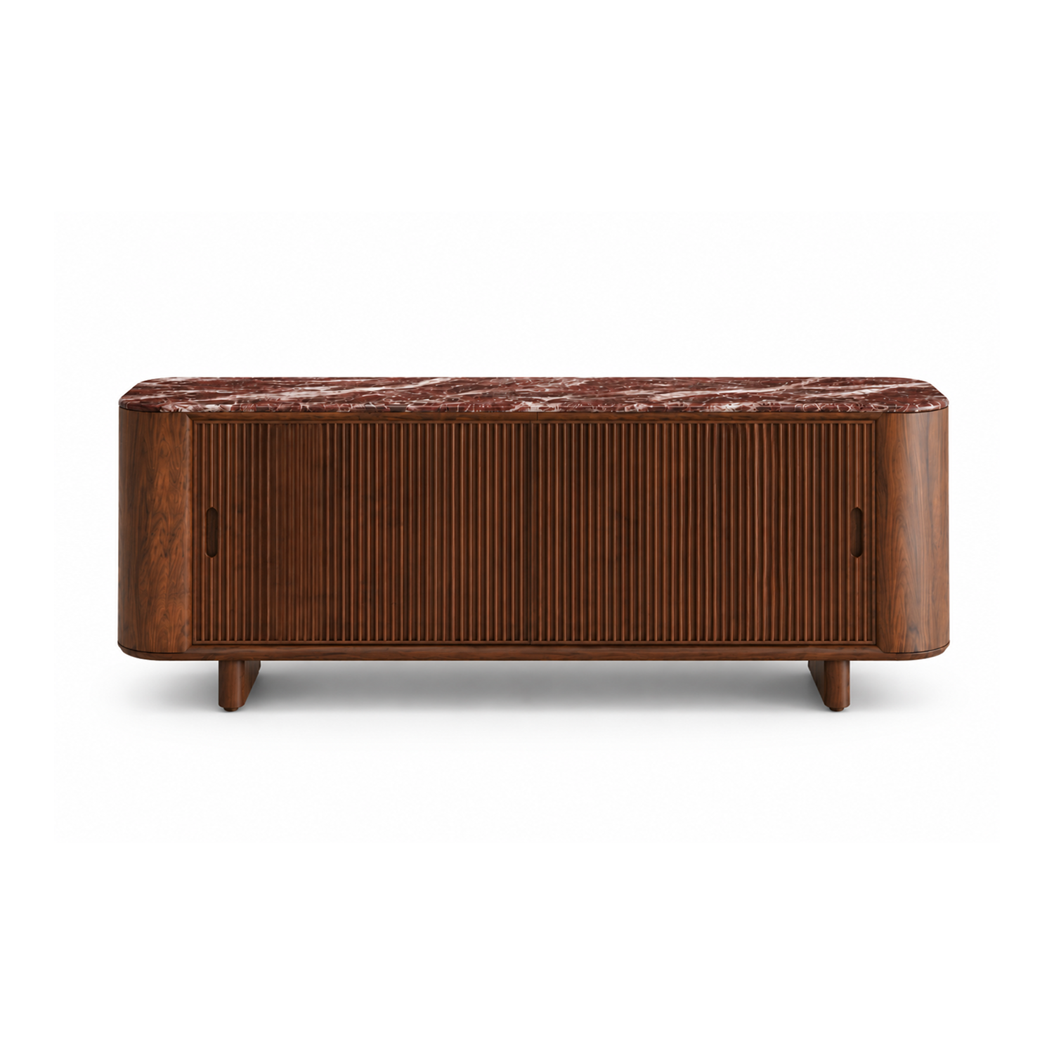 Crimson Sideboard with burgundy marble top and solid walnut wood fluted sliding doors