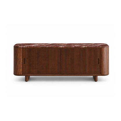 Crimson Sideboard with burgundy marble top and solid walnut wood fluted sliding doors