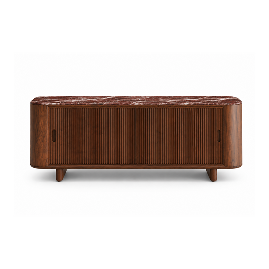 Crimson Sideboard with burgundy marble top and solid walnut wood fluted sliding doors