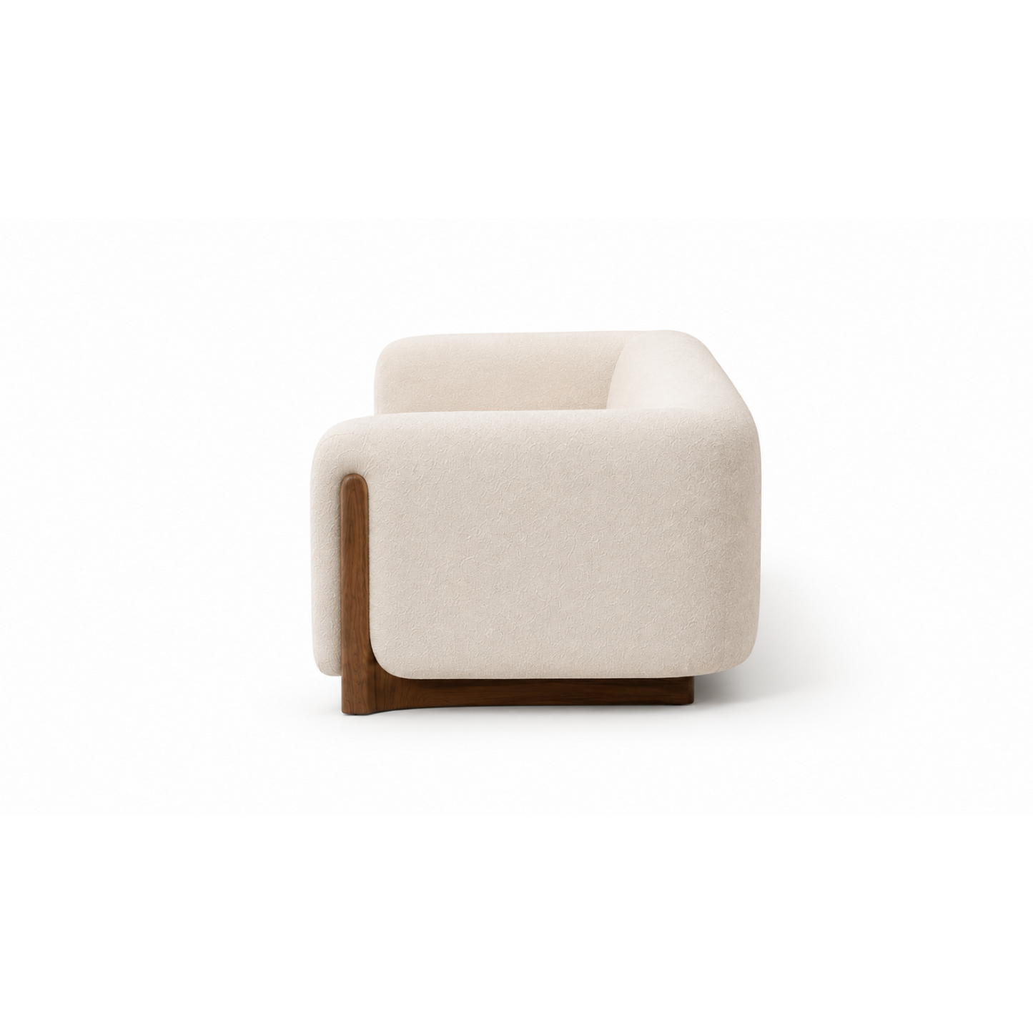 Side profile of Alba Bouclé Sofa featuring premium ivory bouclé fabric and sculptural design