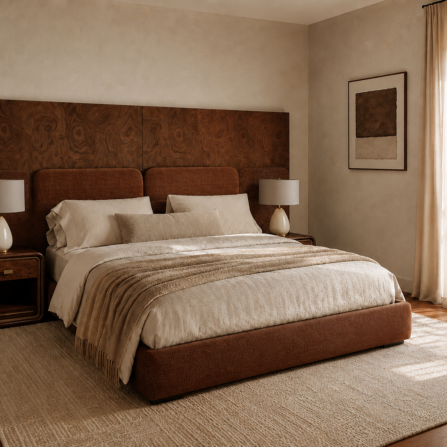 Modern bedroom interior with Monarch Burl Bed