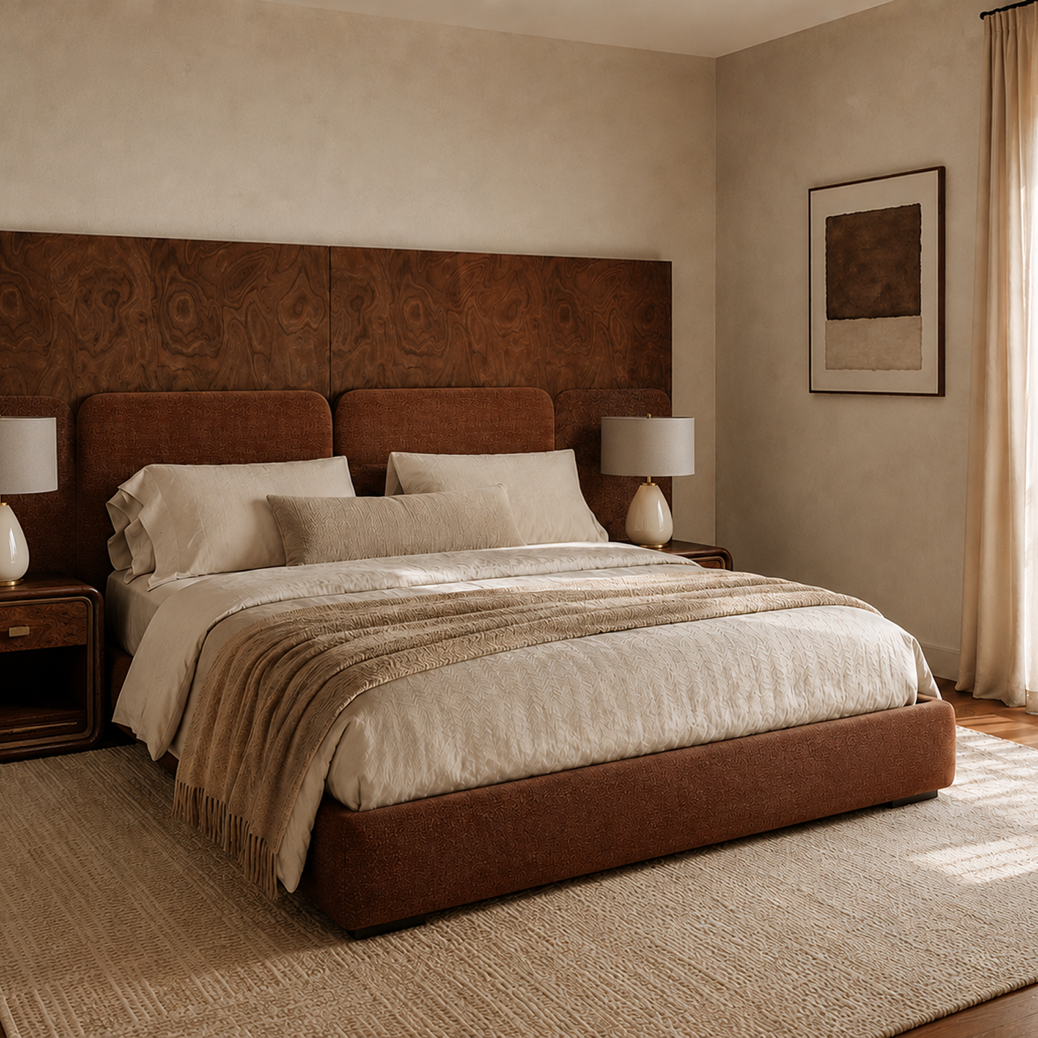 Modern bedroom interior with Monarch Burl Bed