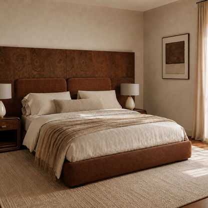 Modern bedroom interior with Monarch Burl Bed