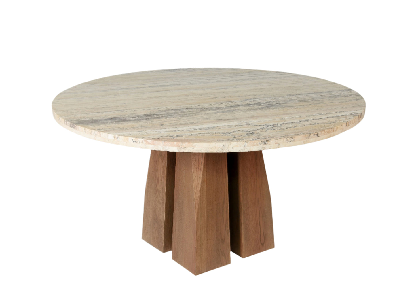 Round travertine dining table with wooden base by Dezaro