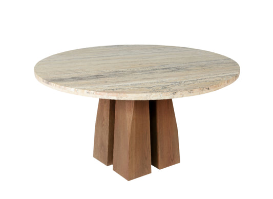 Round travertine dining table with wooden base by Dezaro
