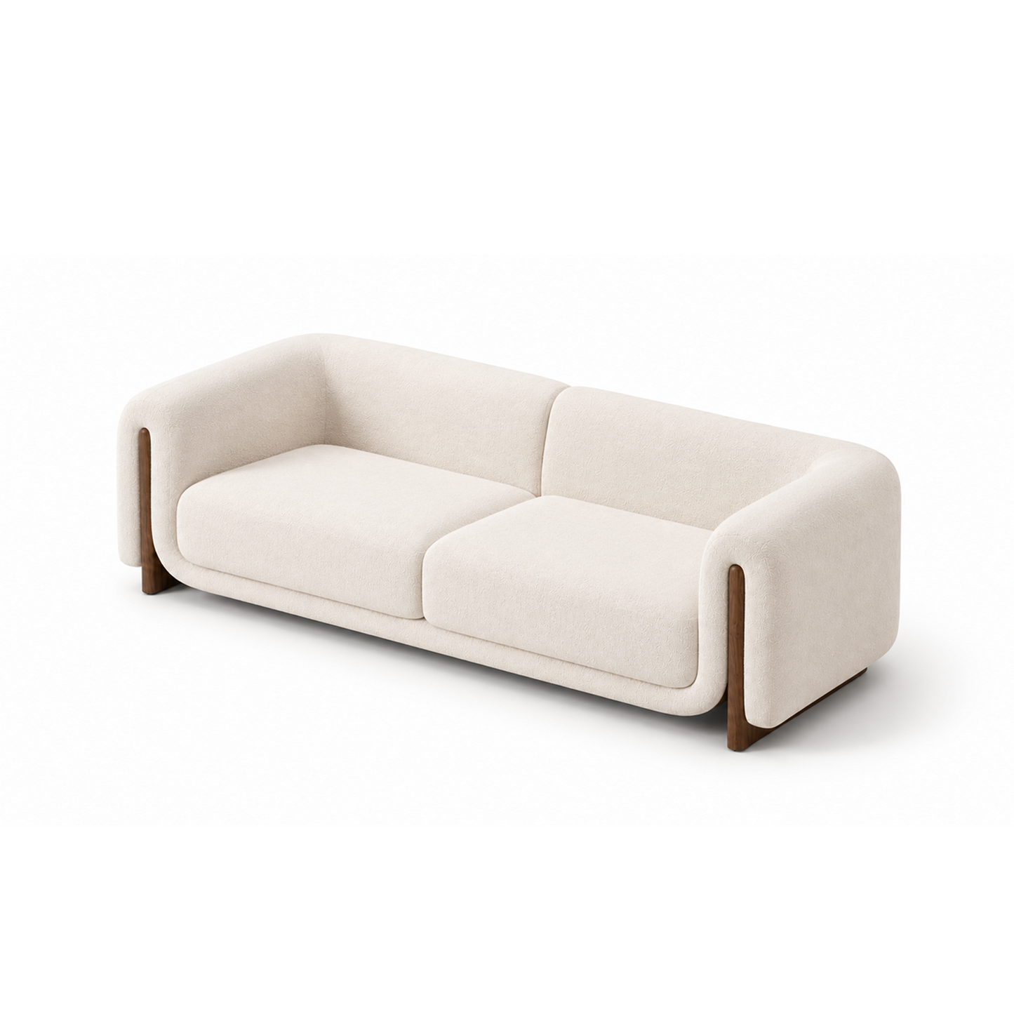 A modern two-seater sofa with rounded, blocky arms and back cushions in a warm off-white fabric, supported by dark brown wooden legs, shown on a clean white background.