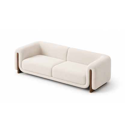 A modern two-seater sofa with rounded, blocky arms and back cushions in a warm off-white fabric, supported by dark brown wooden legs, shown on a clean white background.
