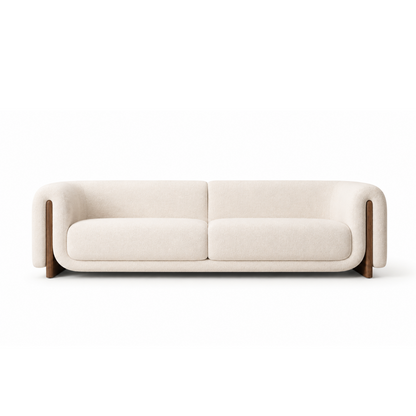 Alba Bouclé Sofa in warm ivory upholstery with solid walnut wood frame by Dezaro