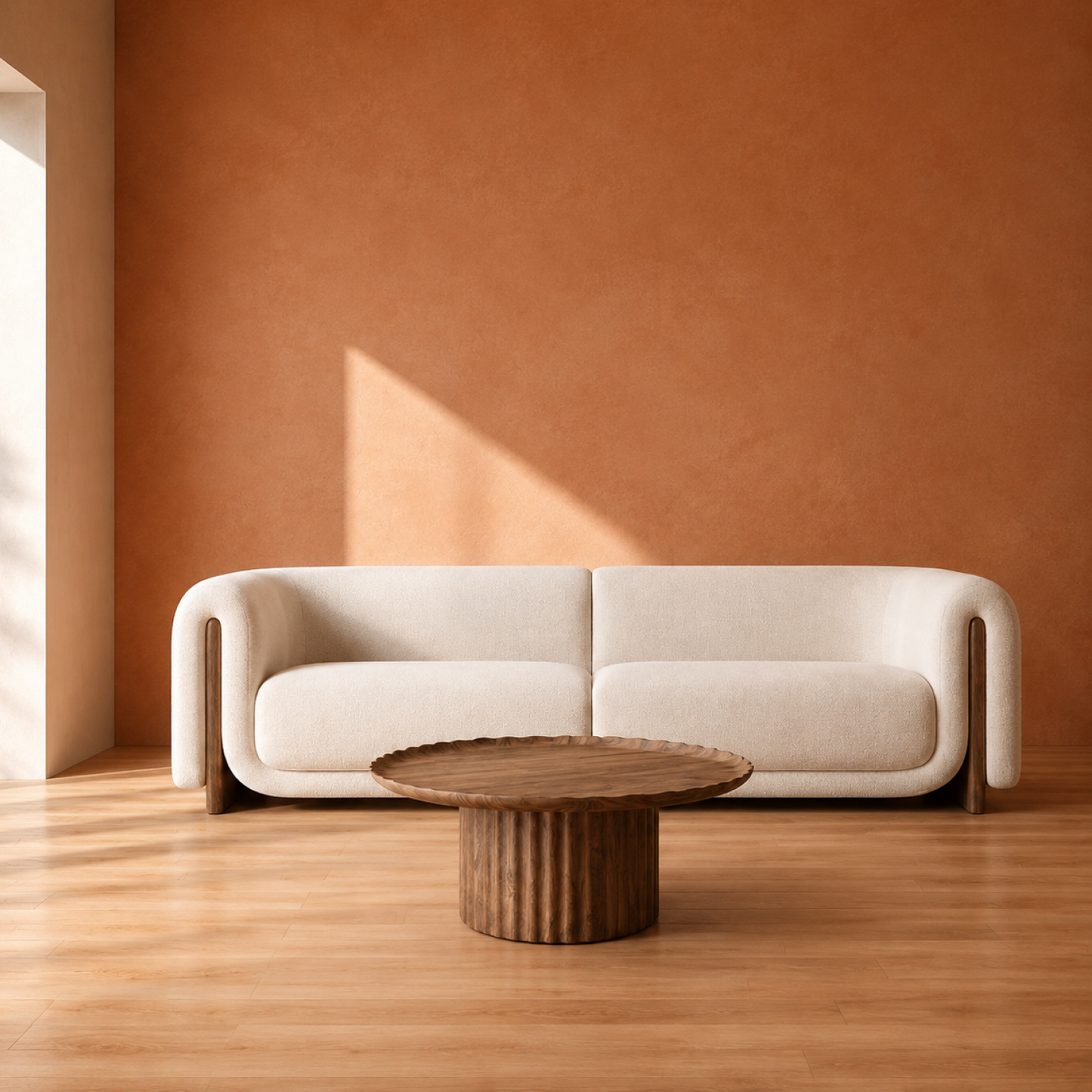 Alba Bouclé Sofa styled in a luxury contemporary living room with warm modern interiors