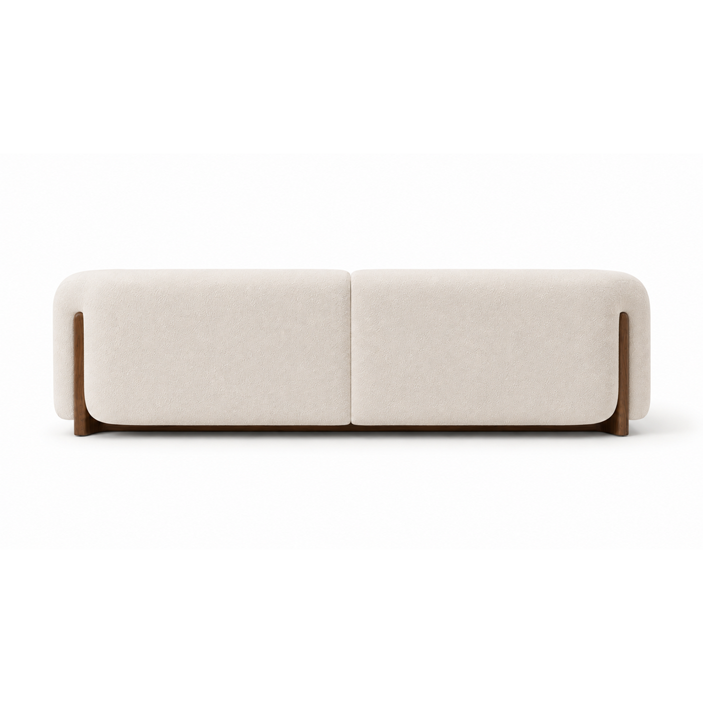 Modern Alba Bouclé Sofa designed with rounded arms and exposed walnut wood supports