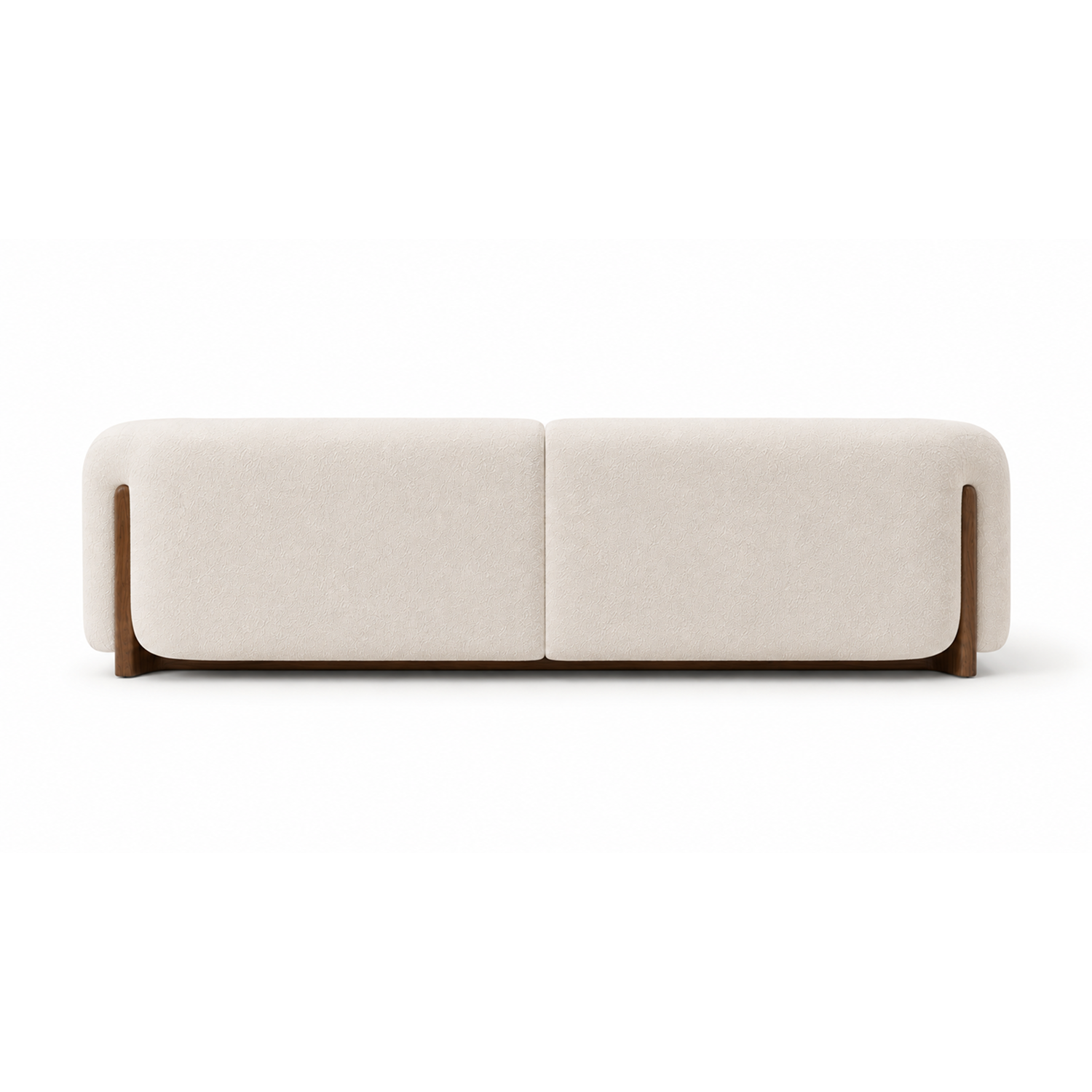 Modern Alba Bouclé Sofa designed with rounded arms and exposed walnut wood supports