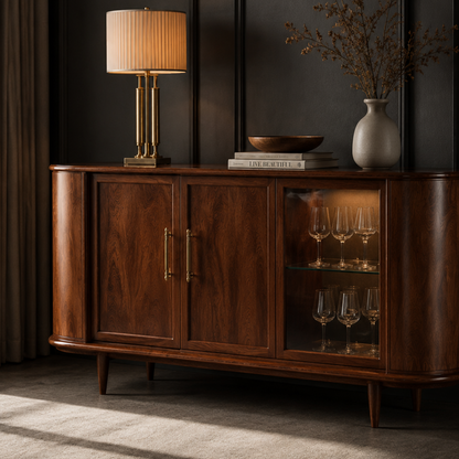 Bennet Buffet luxury walnut wood sideboard with tempered glass display cabinet and brass hardware