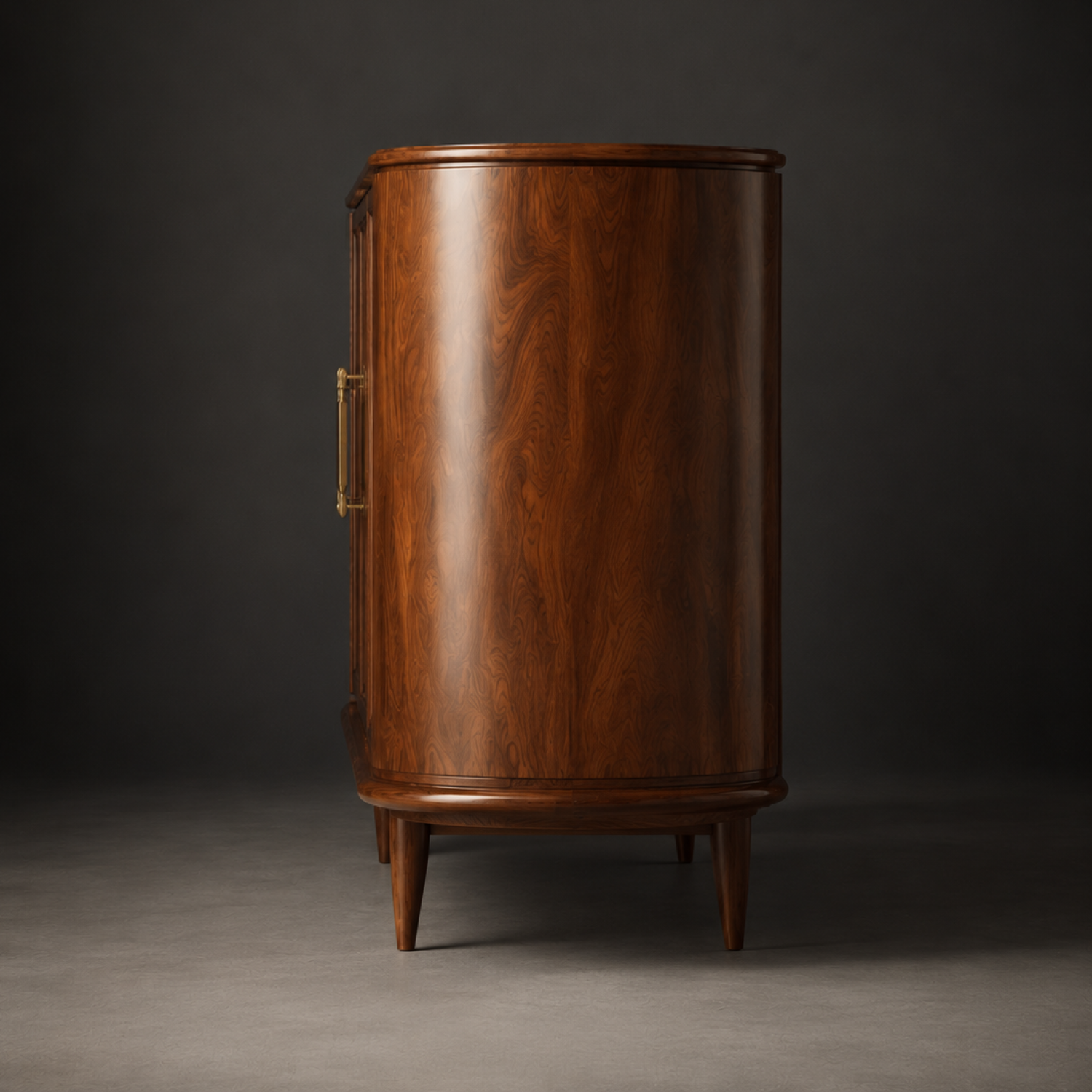 Side View of Bennet Buffet walnut veneer finish, tempered glass cabinet, and antique brass hardware