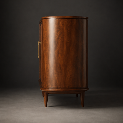 Side View of Bennet Buffet walnut veneer finish, tempered glass cabinet, and antique brass hardware