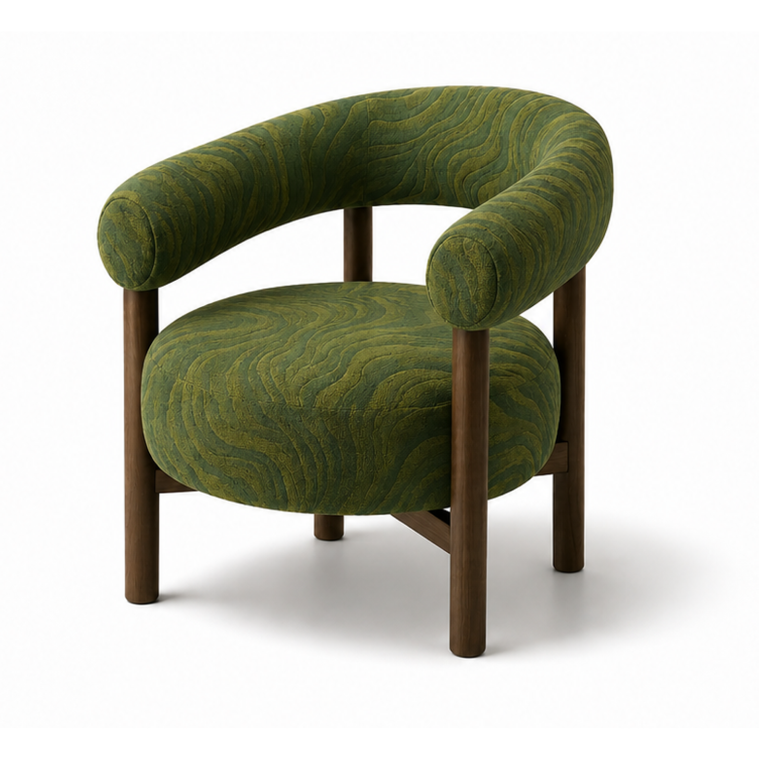Evren Lounge Chair crafted in solid walnut wood with premium green jacquard upholstery