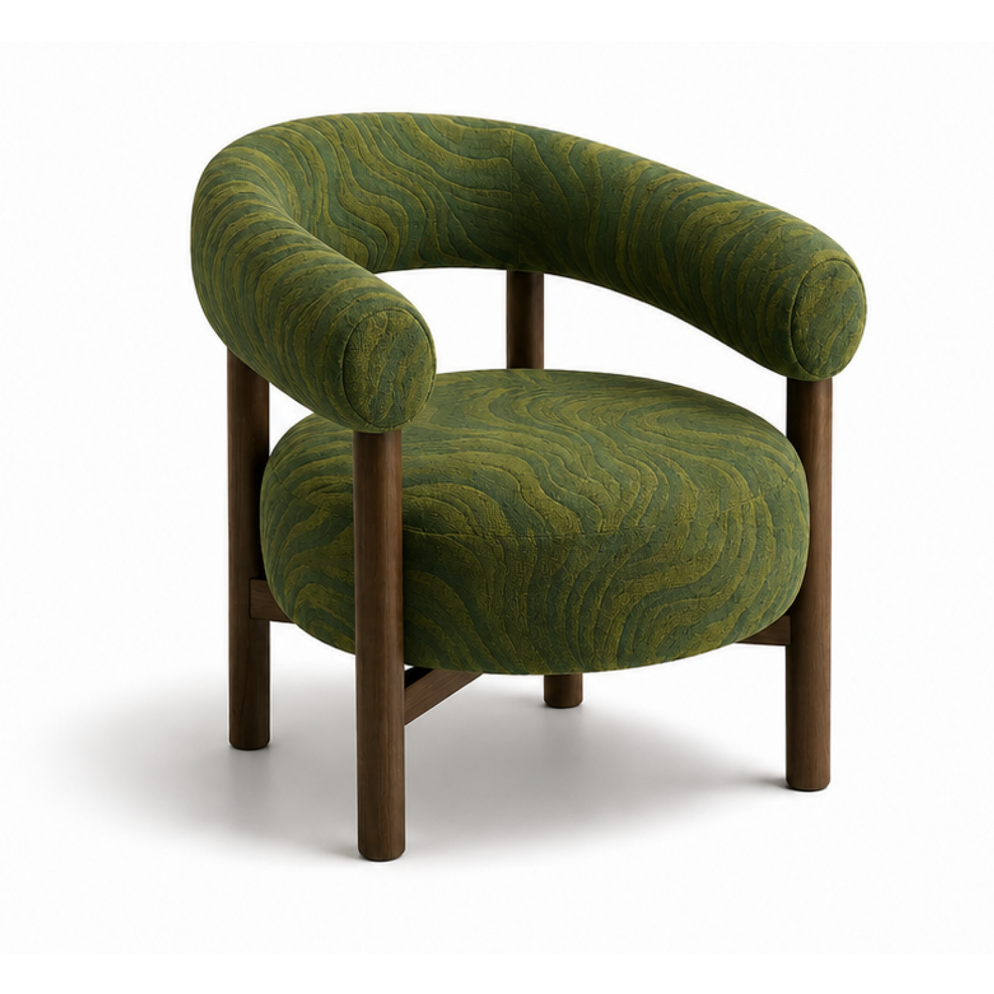 A modern barrel-style armchair with rounded arms and a curved seat cushion, upholstered in textured olive green fabric with a wavy pattern, supported by dark brown wooden legs, shown on a white background.