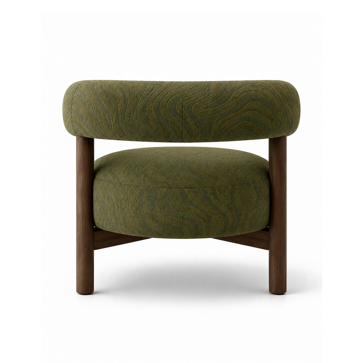 back view of the Evren Lounge Chair featuring solid walnut wood and green jacquard fabric