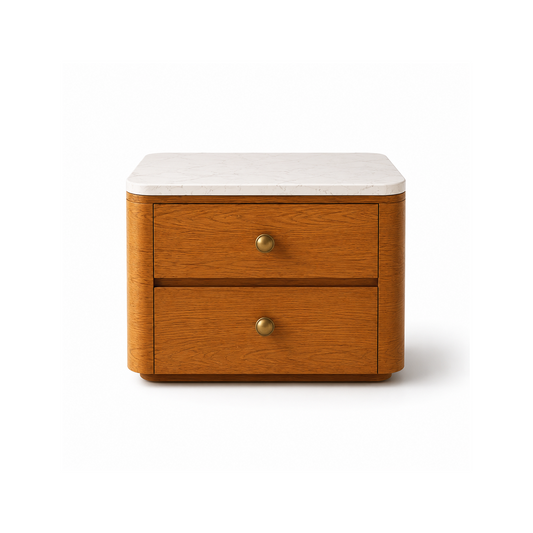 Heritage Crest luxury nightstand with oak finish and white marble top in bedroom