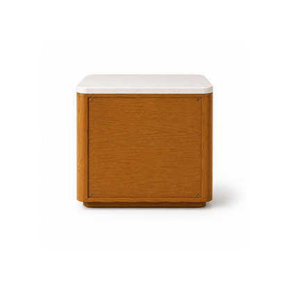 Heritage Crest nightstand in warm oak with white marble top and antique brass handles