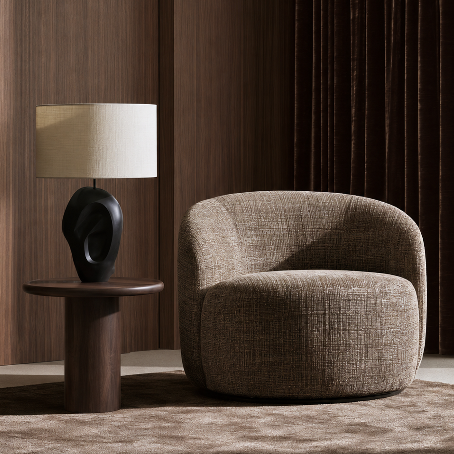 Mirea Lounge Chair in a luxury contemporary living room with warm wood paneling and designer lighting by Dezaro
