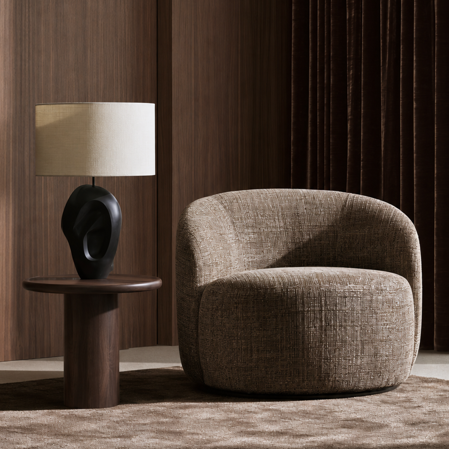 Mirea Lounge Chair in a luxury contemporary living room with warm wood paneling and designer lighting by Dezaro