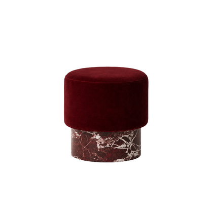 Vesper Ottoman with burgundy velvet upholstery and polished marble base by Dezaro