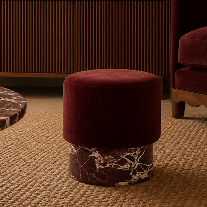 Luxury Vesper Ottoman with velvet upholstery and marble base in contemporary interior